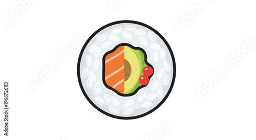 A plate of sushi with salmon avocado and rice on a table indoors.