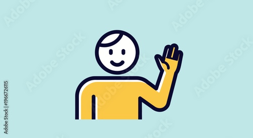 A smiling person waves their hand in greeting on a light blue background illustration.