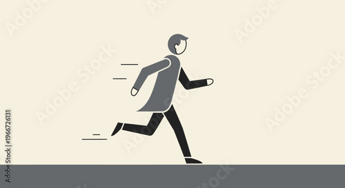 Man in business attire running quickly on a gray surface in a minimalist beige background.