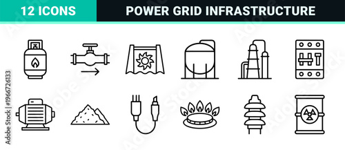 Industrial Energy and Fossil Fuel Resource Management Thin Line Art, Minimalist Monoline Power Infrastructure and Gasoline Utility Graphics