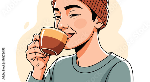 A young man enjoys a warm beverage from a cup in a cozy setting.