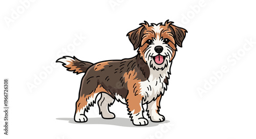 A brown and white dog stands on a plain background with its tongue out.