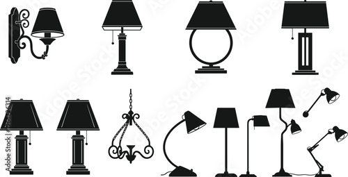 Collection of table lamps and lighting fixtures silhouettes including modern and classic designs, flat vector illustration for interior decor and illumination