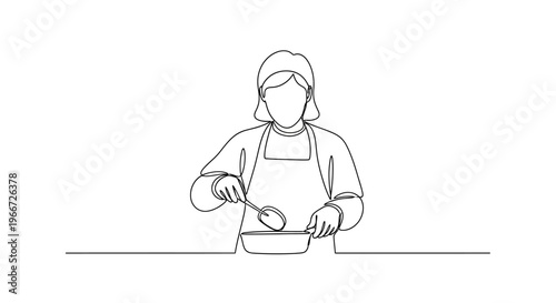 Chef Cooking in Kitchen, Line Art Illustration of Food Preparation