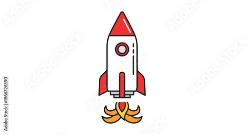 A rocket ship blasts off into the sky with flames.