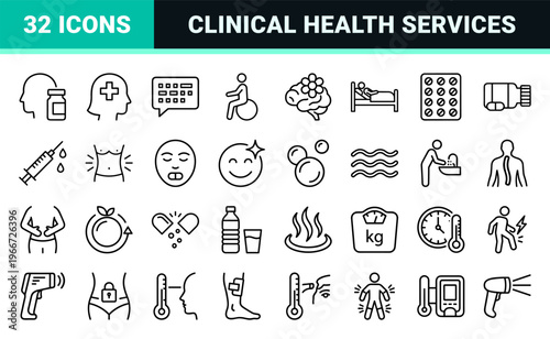 Medical Healthcare and Mental Wellness Diagnostics Minimalist Monoline Icon Set with High-End Geometric Outline Aesthetic for Digital Apps.