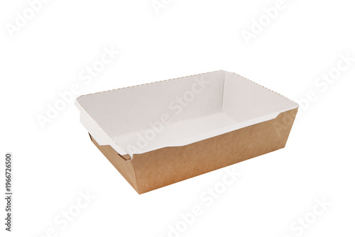 Side view yellow empty disposable paper fast food tray isolated on white. Paper box isolated