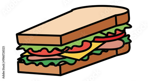 An illustration of a sandwich with lettuce, tomato, and meat on a table indoors.