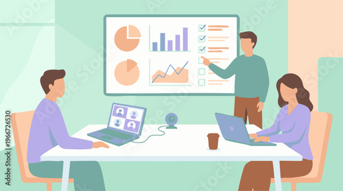 Business presentation with data analysis and hybrid team collaboration