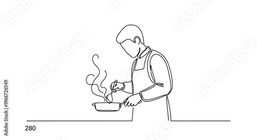 Chef Cooking Food in Pan, Steam Rising, One Line Drawing, Minimalist Style