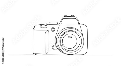 Minimalist Line Art Drawing of a DSLR Camera on a White Background