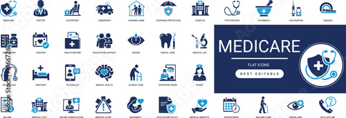 Medicare Solid Icon Set. Insurance, Healthcare, Senior, Elderly, Benefit, Coverage, Policy. Editable Vector Illustration .