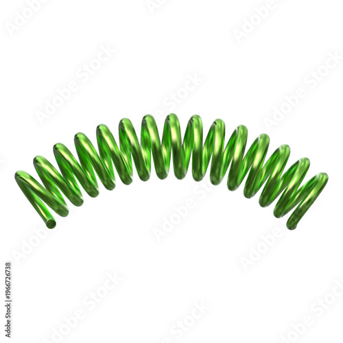 Metal spring, extended green coil 3D vector icon, realistic flexible spiral metal wire, curved springy coil suspension