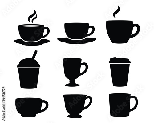 Black silhouette collection of coffee and tea cups with various designs