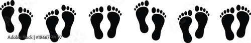 Human footprint silhouette set collection featuring various bare feet tracks for walking path journey wellness spa and beach summer vacation theme graphic design projects