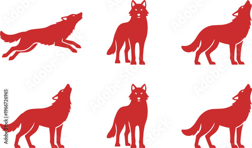 Red wolf silhouette set collection featuring wild forest predators in howling jumping and standing poses for outdoor adventure hunting logos and wildlife conservation projects