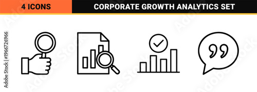 Business Evaluation and Performance Tracking Minimalist Monoline Icon Set featuring Geometric Line Art for Corporate Analytics and Auditing