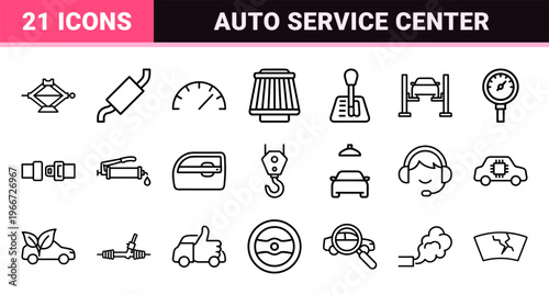 Automotive Maintenance and Car Repair Service Minimalist Monoline Icon Set featuring Geometric Line Art for Vehicle Care and Diagnostics