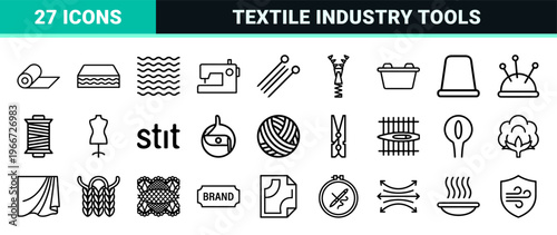 Textile Industry and Fabric Care Line Art Icons Featuring Minimalist Monoline Geometry for Fashion Design and Garment Manufacturing Metadata.