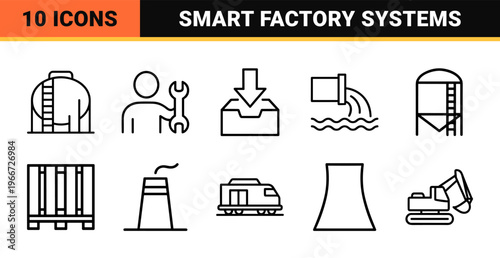 Smart Manufacturing and Industrial Automation Minimalist Monoline Outline Symbols for Lean Production and Supply Chain Logistics Management