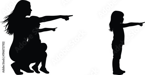 Silhouette of mother and children pointing at something interesting together while crouching and standing in park representing parenting curiosity education and family discovery moments