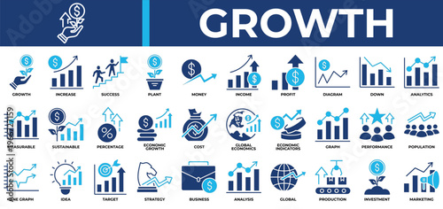 Growth icon set collection. Containing value, increase, profit, performance, planning, diagram, graph .Solid vector icons collection