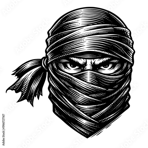 Intense black and white woodcut style illustration of a masked warrior with piercing, determined eyes, cloaked in a headscarf, embodying stealth, mystery, and a vigilant, powerful presence perfect for