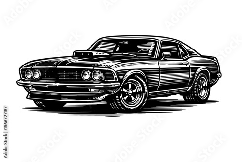 Powerful 1969-1970 Ford Mustang muscle car, a timeless American automotive legend, rendered in a detailed black and white vintage woodcut-style vector illustration. Perfect for enthusiasts, retro desi