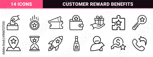 Customer Loyalty Rewards and Gamification Incentive Program Symbols, Minimalist Monoline Geometric Line Art for Mobile App Interface