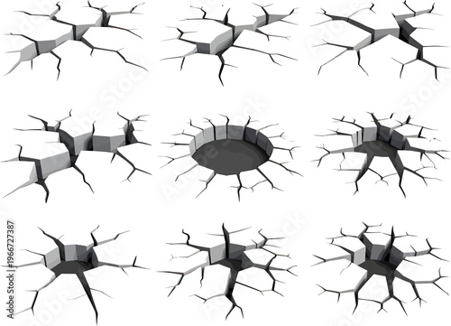 A collection of 3D cracked surface textures and broken ground effects, ideal for use in graphic design, video games, and visual effects to add realism and depth.