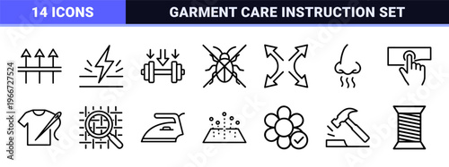 Fabric Property and Textile Performance Icons in Minimalist Geometric Line Art Style for Clothing Specifications and Material Science