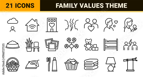 Minimalist Monoline Family Life Icon Set Featuring Geometric Line Art for Relationship Counseling, Parenting Apps, and Domestic Services.