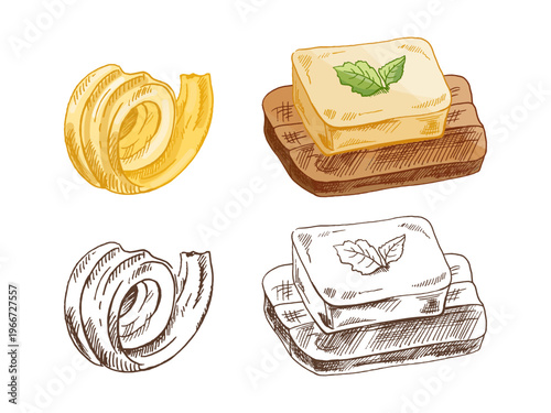 Hand drawn vintage sketch of butter curl and butter on bread slice colored and monochrome dairy set illustration