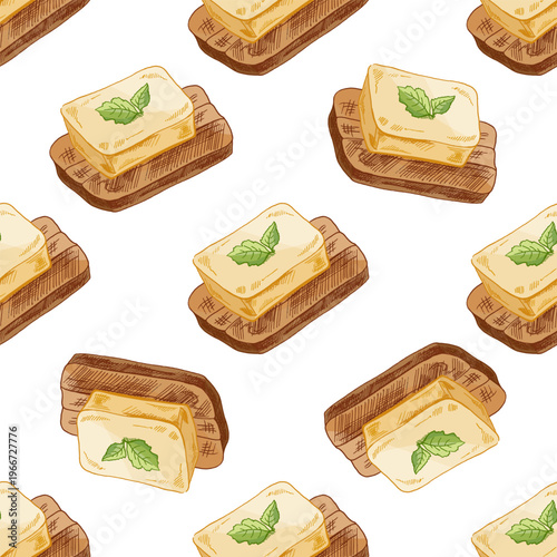 Hand drawn vintage seamless pattern of butter block on bread slice with mint leaf repeated food background illustration