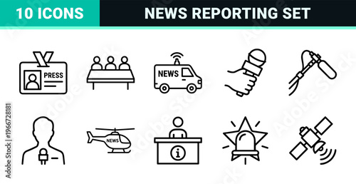 Mass Media and Journalism Minimalist Monoline Icon Set featuring Geometric Line Art Symbols for Press, Broadcasting, and News Reporting.