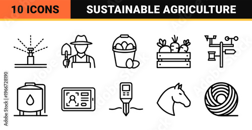 Sustainable Agriculture and Modern Farming Monoline Icon Set featuring Minimalist Geometric Line Art for Agribusiness and Horticulture Utility.