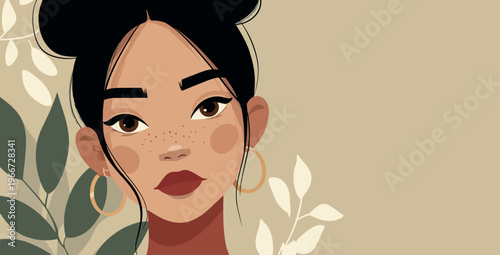 Stylized Afro Woman Portrait With Freckles and Hoop Earrings Vector Illustration