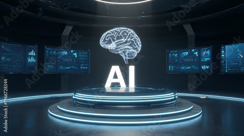 Glowing AI Brain on Digital Holographic Platform with Neon Blue Lights