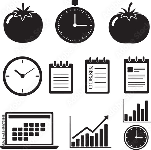 Pomodoro Timer and Productivity Planner Silhouette Vector Icons
