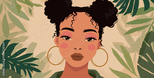Stylized Afro Woman Portrait With Freckles and Hoop Earrings Vector Illustration