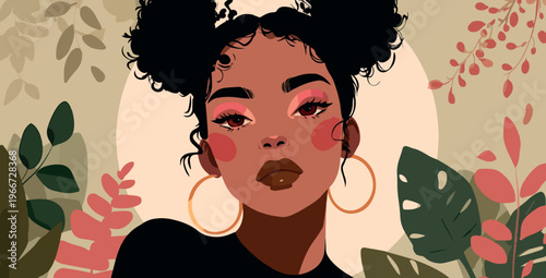 Stylized Afro Woman Portrait With Freckles and Hoop Earrings Vector Illustration