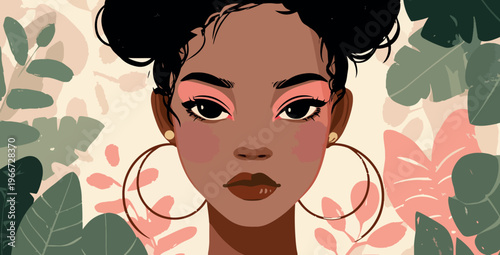 Stylized Afro Woman Portrait With Freckles and Hoop Earrings Vector Illustration