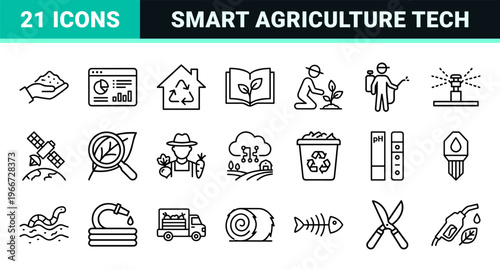 Smart Agriculture and Modern Farming Monoline Icon Set featuring Agrotechnology, Sustainable Gardening, and Organic Harvest Symbols.