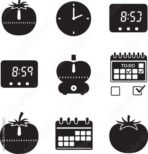 Pomodoro Timer and Productivity Planner Silhouette Vector Icons
