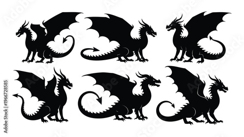 A collection of three black dragon illustrations in various poses complemented by a fourth dragon silhouette high quality professional detailed modern