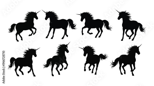 A collection of eight black unicorn silhouettes in various poses showcasing graceful movement and fantasy elements silhouette high quality professional detailed