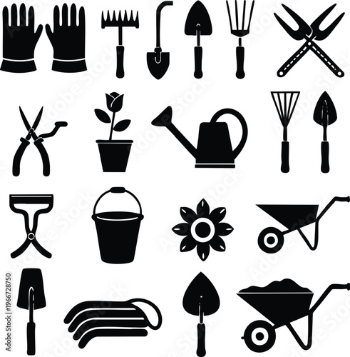Assorted black and white gardening and yard tools icon collection