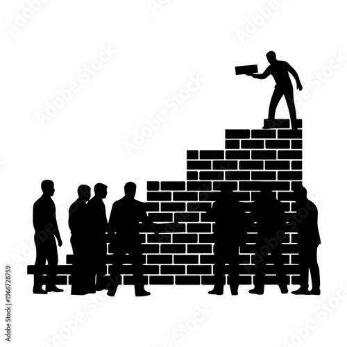 Conceptual illustration of leadership and teamwork building a wall of success
