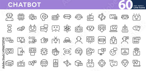 Chatbot line icon set. Automation, data science, neural networks, robotics, tech, artificial intelligence, AI, technology, communication outline vector icons. Editable stroke