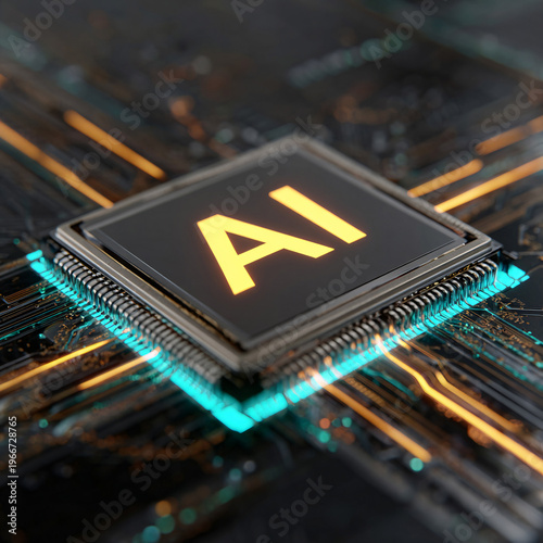 AI Processor Chip with Gold Text on Dark Circuit Boad Technology Concept
